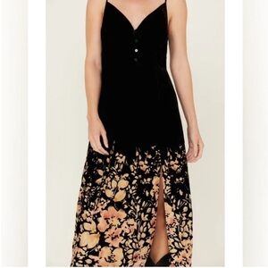 Urban Outfitters velvet Black and Orange Floral Midi Dress with slit Sz xs